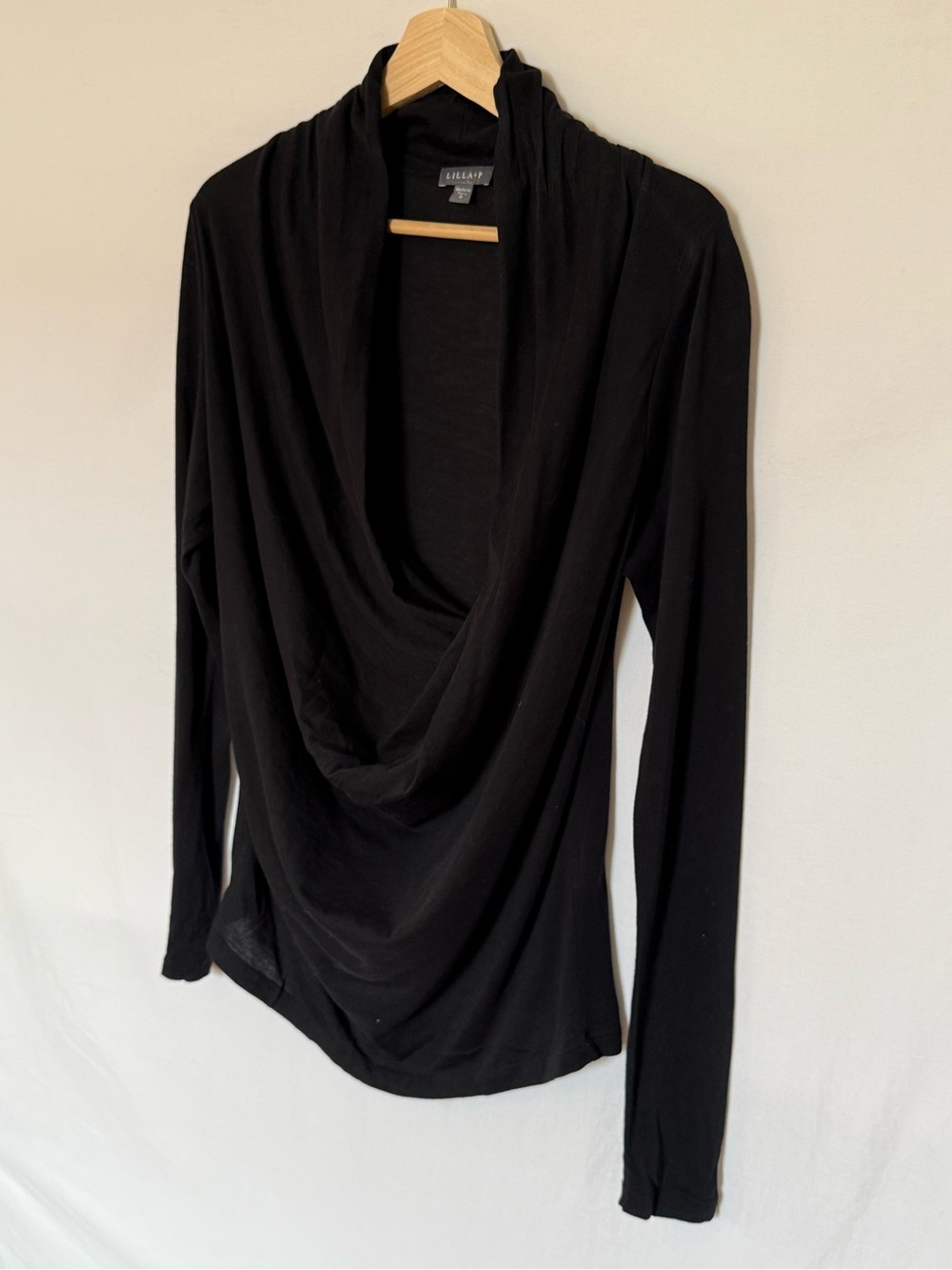 Lilla P - Black Draped Cowl Neck Long-Sleeve Top. Pima cotton size Sm